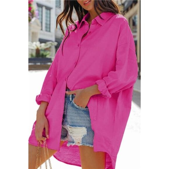 Women's Oversized Button Down Shirts Casual Loose Long Sleeve Long Blouse - Picture 3 of 6